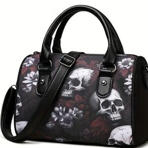 Black Skull Print Women's Handbag